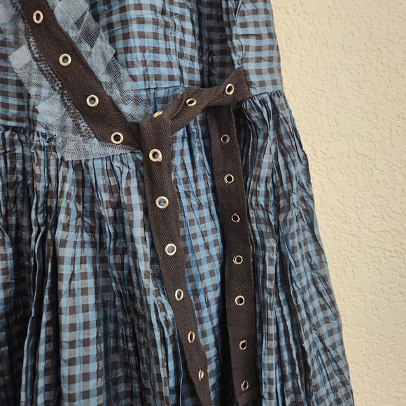 Free People Women's Sz. 6 Black & Blue Gingham Plaid Silk Wrap Dress - Picture 3 of 13